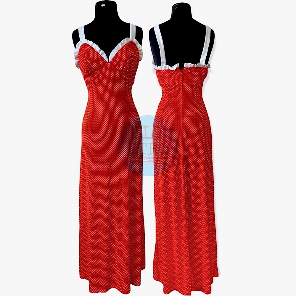 vtg Red Polka Dot Ruffle Maxi Dress - Picture 3 of 12